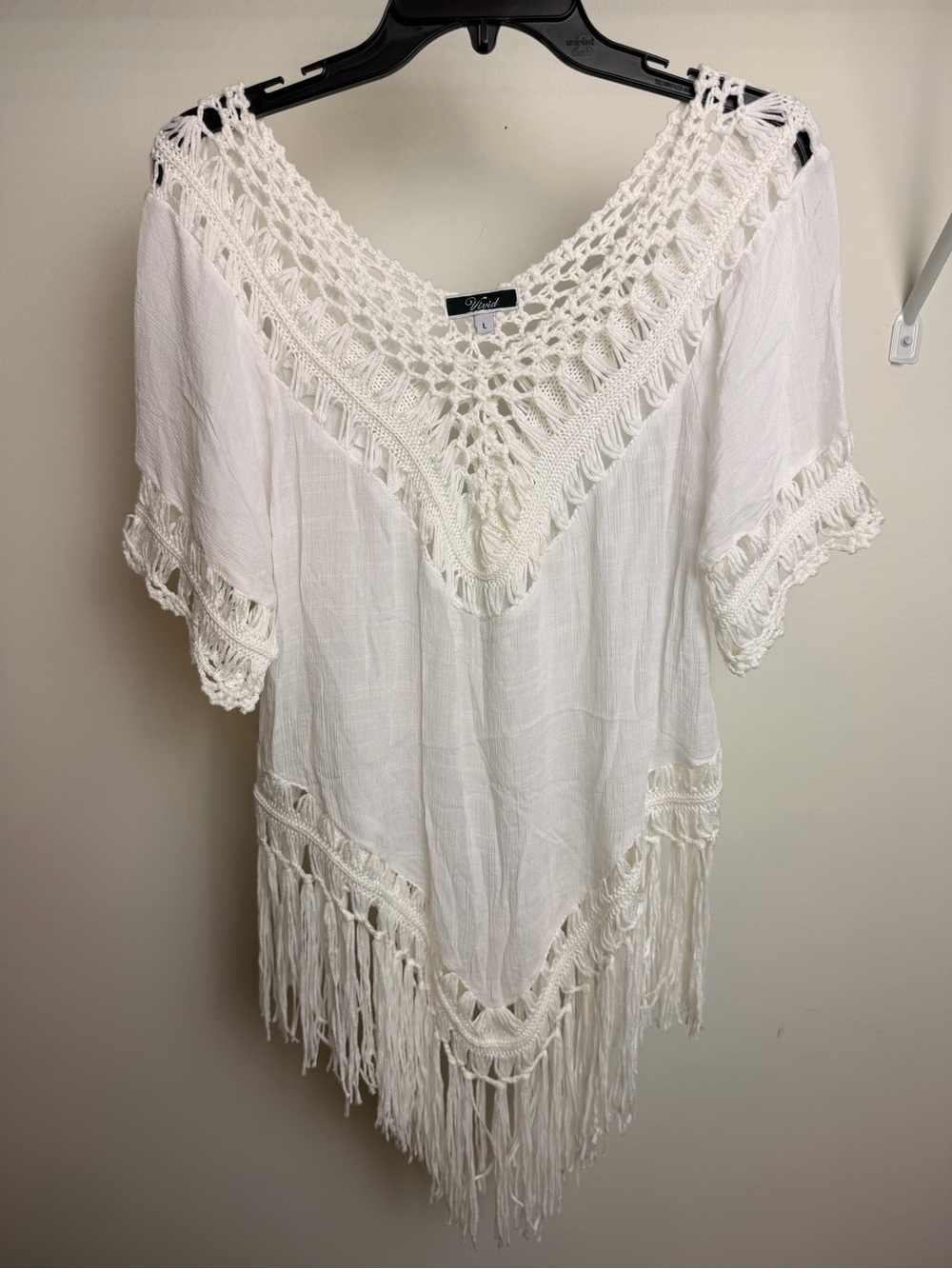 Vivid Importers White Crochet Fringe Tunic Cover Up Size L Boho Beach Top